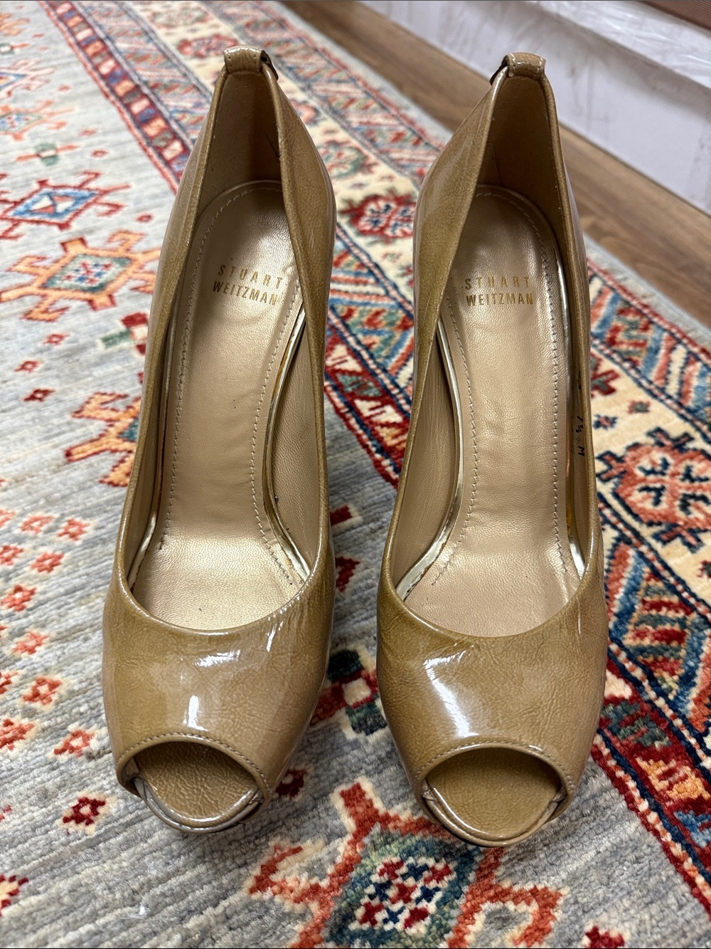 Stuart Weitzman Women's Patent Taupe Platform Peep-Toe Pumps